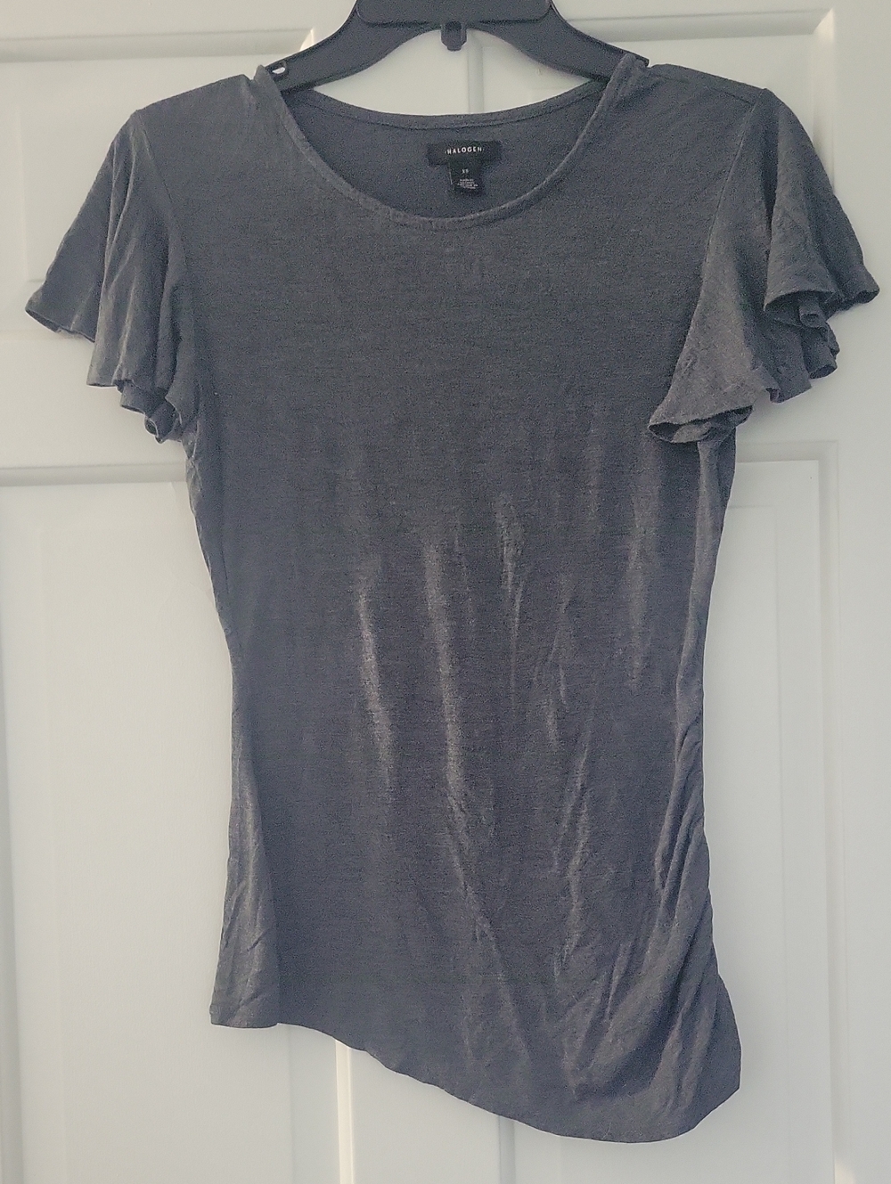 Halogen Gray Short Ruffle Sleeve Crew Tee With One Sided Rouching XS